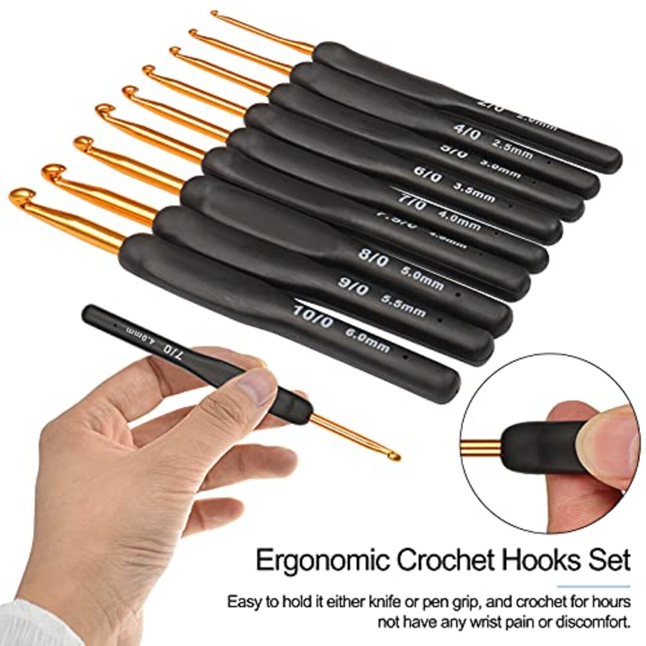 Black Gold Crochet Hooks Needles for Arthritic Hands, 2.0-6.0mm Crochet Hook Set Ergonomic Soft Grips Knitting Hook for Crochet Yarn Craft, Aluminum Knitting Crochet Supplies Kit for Knitter